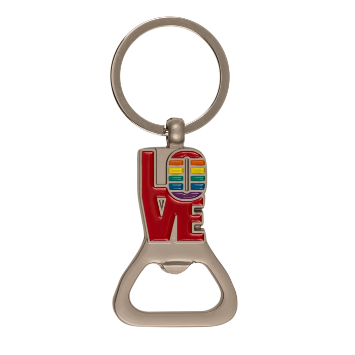 Hochwertiger Metall-Flaschenöffner im Regenbogen-Design als Schlüsselanhänger. Buntes Pride-Accessoire, das Vielfalt und LGBTQ+ Stolz symbolisiert. Robustes und praktisches Party- und Küchenzubehör.