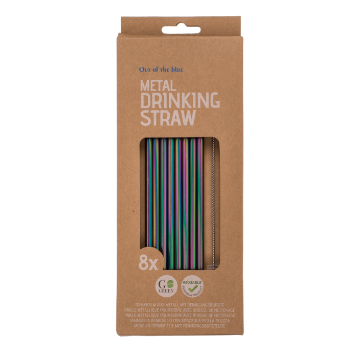 Verpacktes 8er Set regenbogenfarbener Metall-Trinkhalme mit Reinigungsbürste – nachhaltige Alternative zu Plastikstrohhalmen.