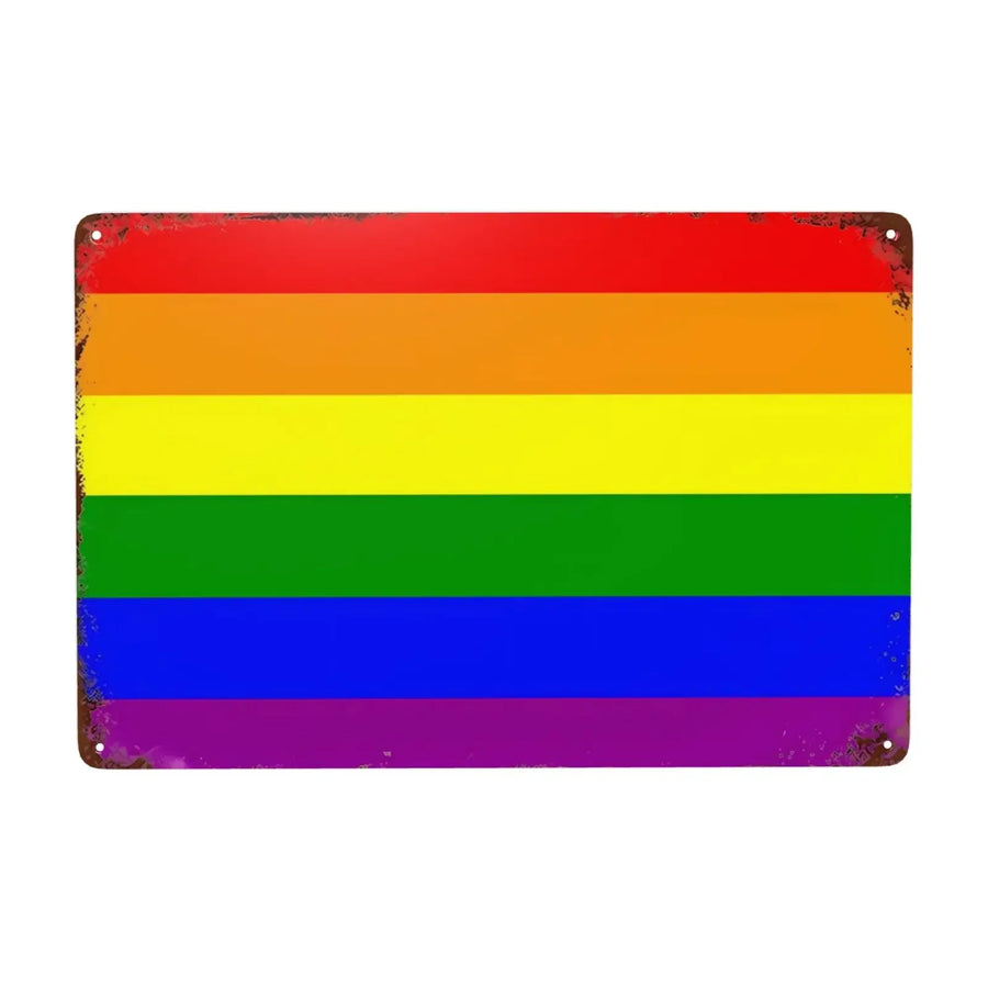 Metallschild mit Regenbogenflagge und einem leicht vintage Look.