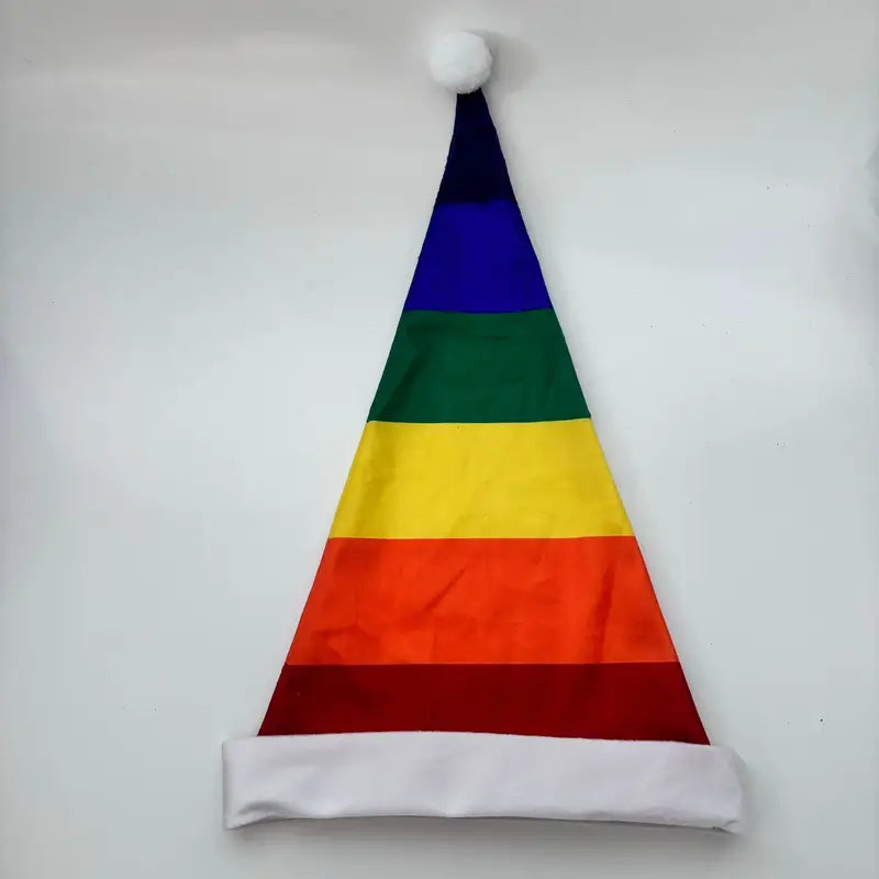 Regenbogen Nikolausmütze mit weißem Saum und Bommel – Pride Weihnachtsmütze in Regenbogenfarben
