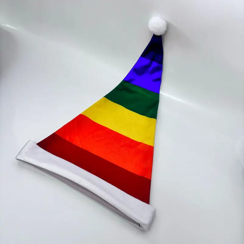 Regenbogen Nikolausmütze mit weißem Saum und Bommel – Pride Weihnachtsmütze in Regenbogenfarben