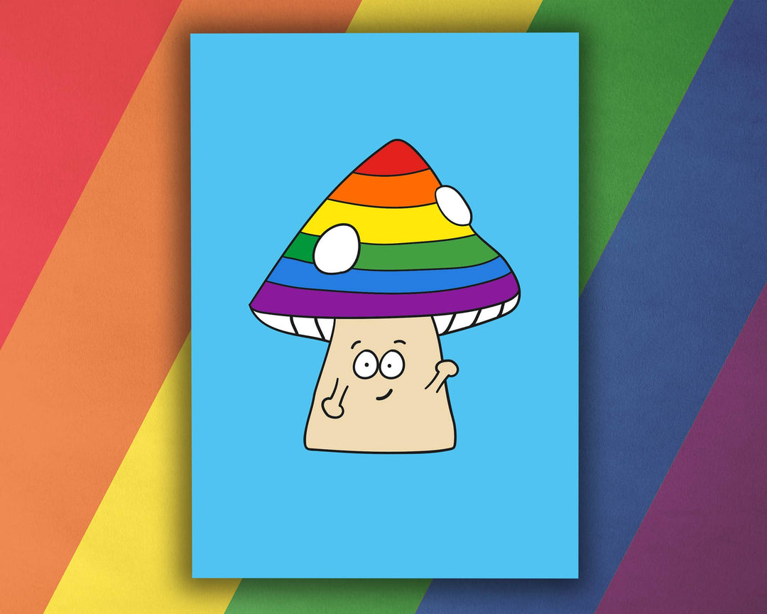 Bunte Pride Grußkarte mit Pilz Design auf Regenbogen Hintergrund