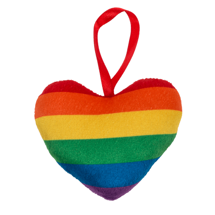 Weiches, 10 cm großes Plüschherz in Regenbogenfarben. Symbol für Liebe und Vielfalt, ideal für Pride-Events und als Geschenk.