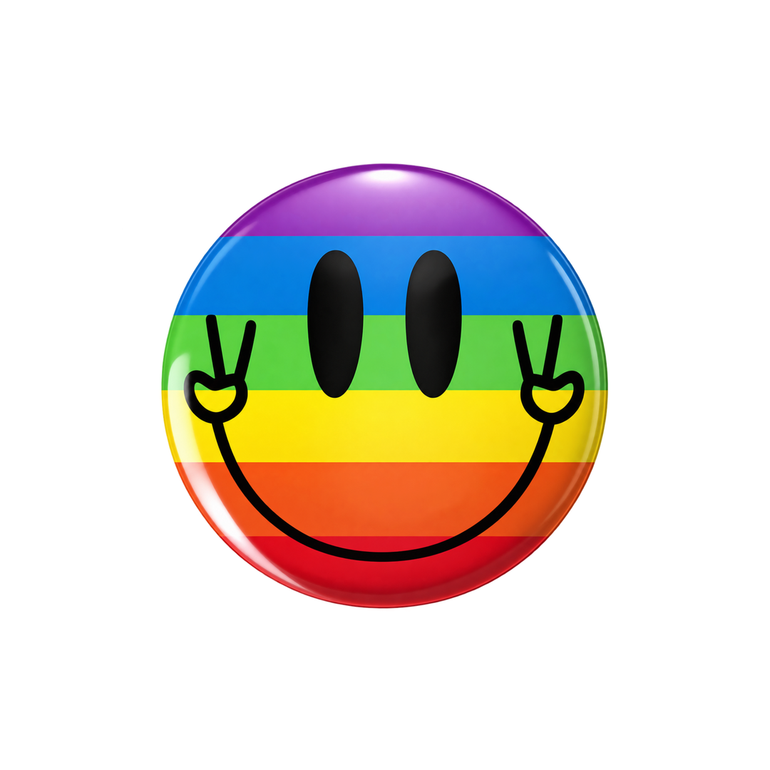 Regenbogen Pride Button mit Smiley, Peace-Zeichen und bunten LGBTQIA+ Farben