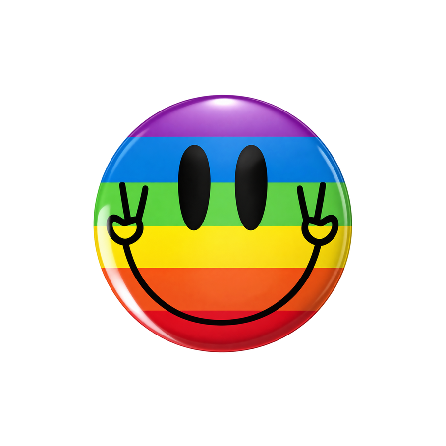 Regenbogen Pride Button mit Smiley, Peace-Zeichen und bunten LGBTQIA+ Farben
