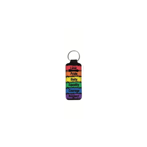 Pride-Lippenpflegestift-Halter mit Regenbogen-Design, Schlüsselring und Aufschrift „Love, Pride, Unity, Equality, Courage, Respect“.
