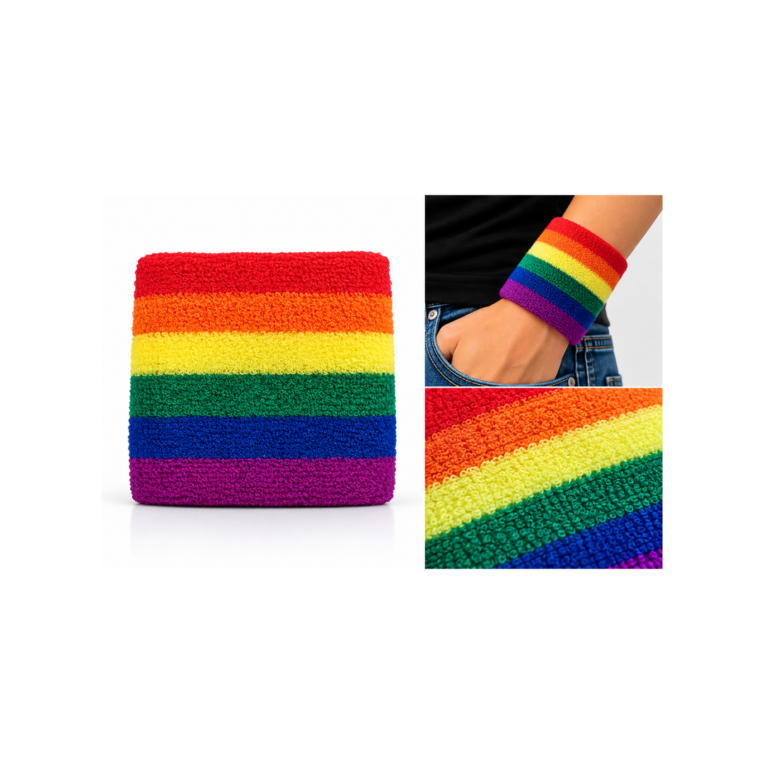 Regenbogen Pride Schweissband aus Frottee mit sechs Regenbogenfarben, Produktansicht auf weissem Hintergrund, Tragebeispiel am Handgelenk und Nahaufnahme der Stoffstruktur