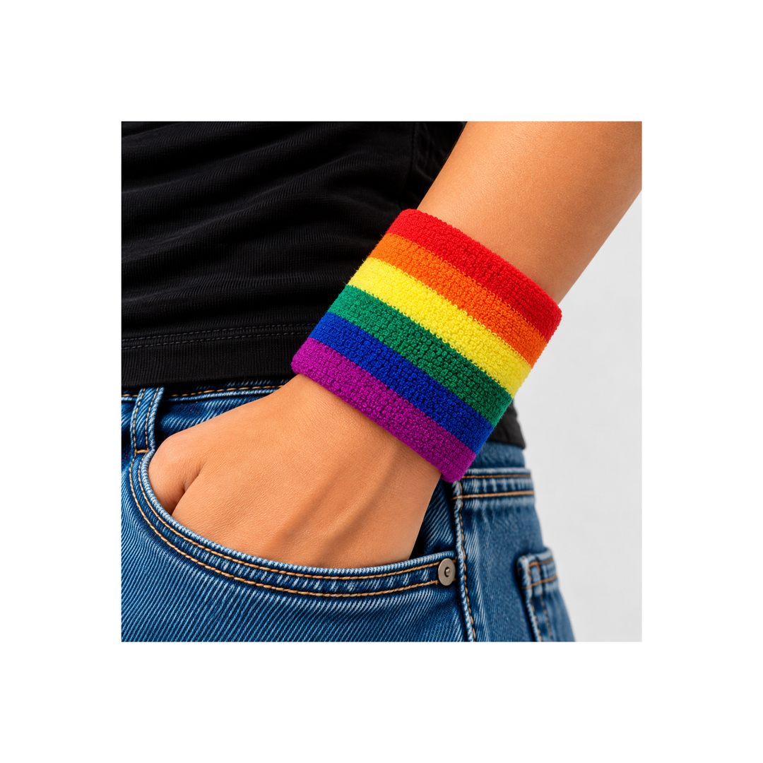 Regenbogen Pride Schweissband aus Frottee mit sechs Streifen in Rot, Orange, Gelb, Grün, Blau und Violett, am Handgelenk getragen