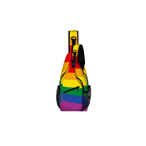 Regenbogen Pride Sling Bag aus Polyester mit verstellbarem Schultergurt und seitlichem Reißverschluss.