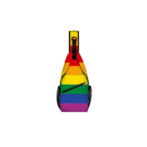 Regenbogen Pride Sling Bag aus Polyester mit verstellbarem Schultergurt und seitlichem Reißverschluss.