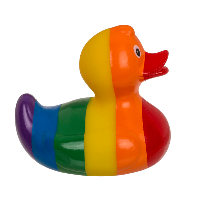Bunte Regenbogen-Quietscheente aus Kunststoff, 10 cm, Pride Badeente als lustiges Badespielzeug