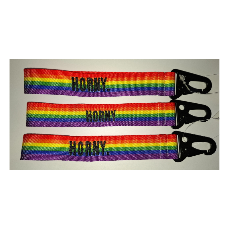 Handgemachter Regenbogen-Schlüsselanhänger mit Aufschrift Horny und schwarzem Karabiner
