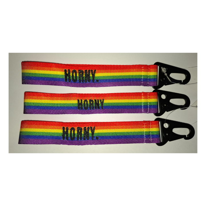 Handgemachter Regenbogen-Schlüsselanhänger mit Aufschrift Horny und schwarzem Karabiner
