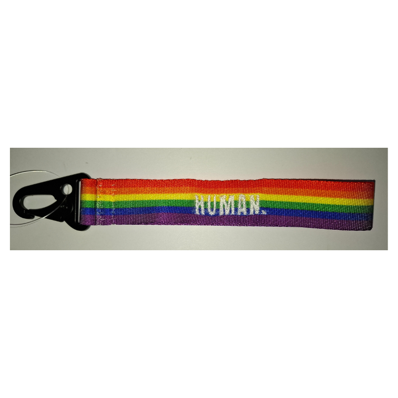 Regenbogen Schlüsselanhänger mit weisser Stickerei „Human“ – Pride Statement für Gleichberechtigung, Vielfalt und queere Sichtbarkeit