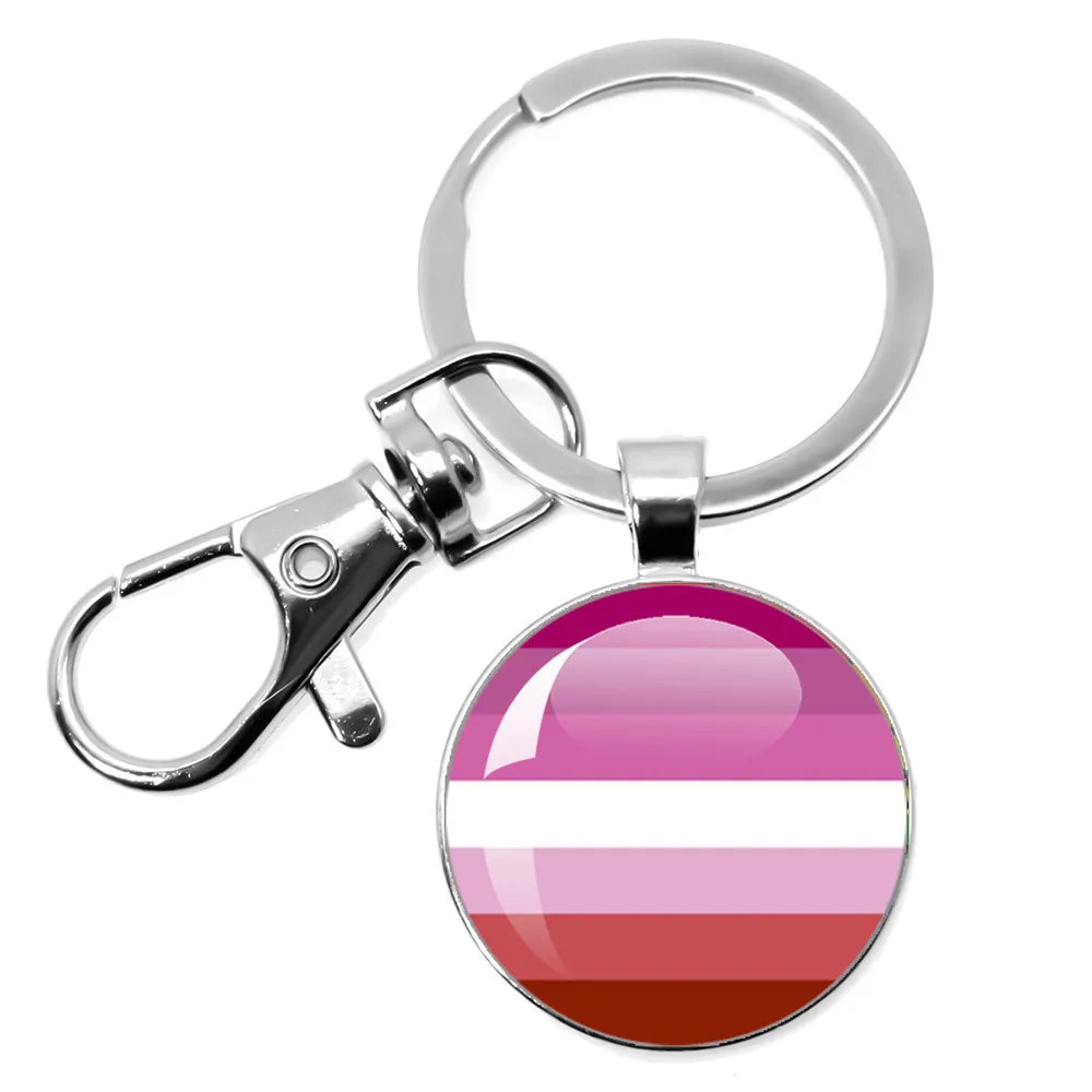 Regenbogen Schlüsselanhänger im lesbischen Pride-Design aus Metall – runder LGBTQ Schlüsselanhänger für Schlüsselbund oder Tasche