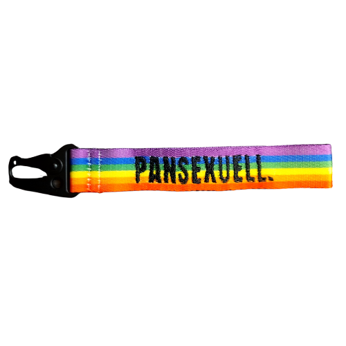 Regenbogen Schlüsselanhänger mit Stickerei „Pansexuell“ und schwarzem Karabiner – Pride Statement für sexuelle Vielfalt, Akzeptanz und queere Sichtbarkeit