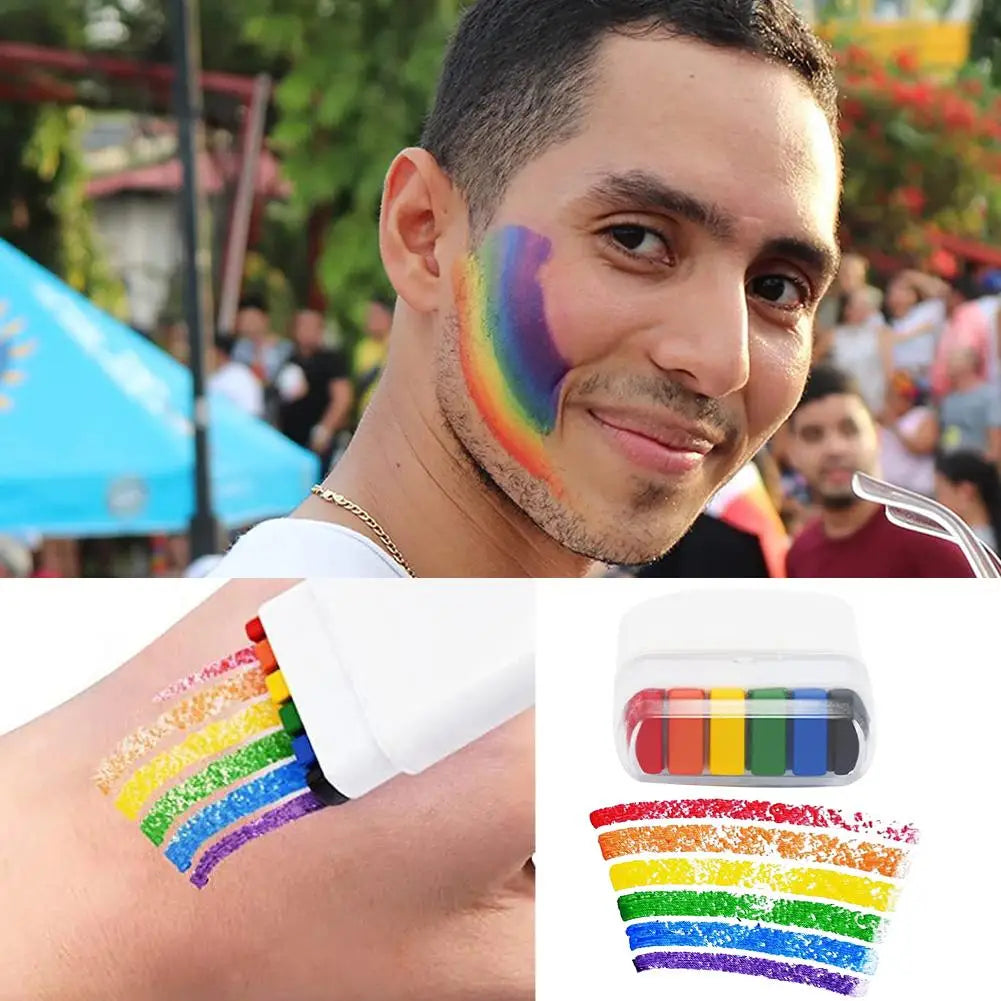 Regenbogen Schminkstift in Anwendung auf Gesicht und Arm