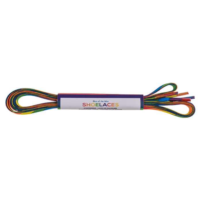 Regenbogen Schnürsenkel im Pride Design, zusammengelegt und verpackt