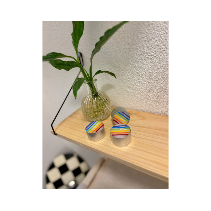 Drei handgemachte Regenbogen Teelichter als LGBTQIA Pride Kerzen auf Holzregal neben Pflanze