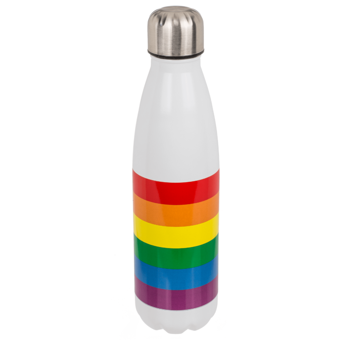 Regenbogenfarbene Trinkflasche mit 26,5 cm Höhe und 500 ml Fassungsvermögen, hält Getränke bis zu 8 Stunden heiß oder kalt.