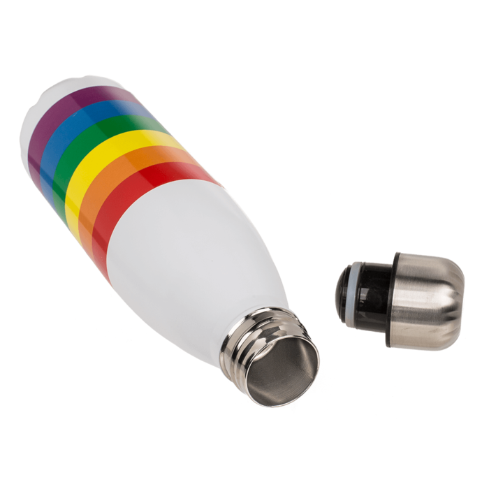 Regenbogenfarbene Trinkflasche mit 26,5 cm Höhe und 500 ml Fassungsvermögen, hält Getränke bis zu 8 Stunden heiß oder kalt.