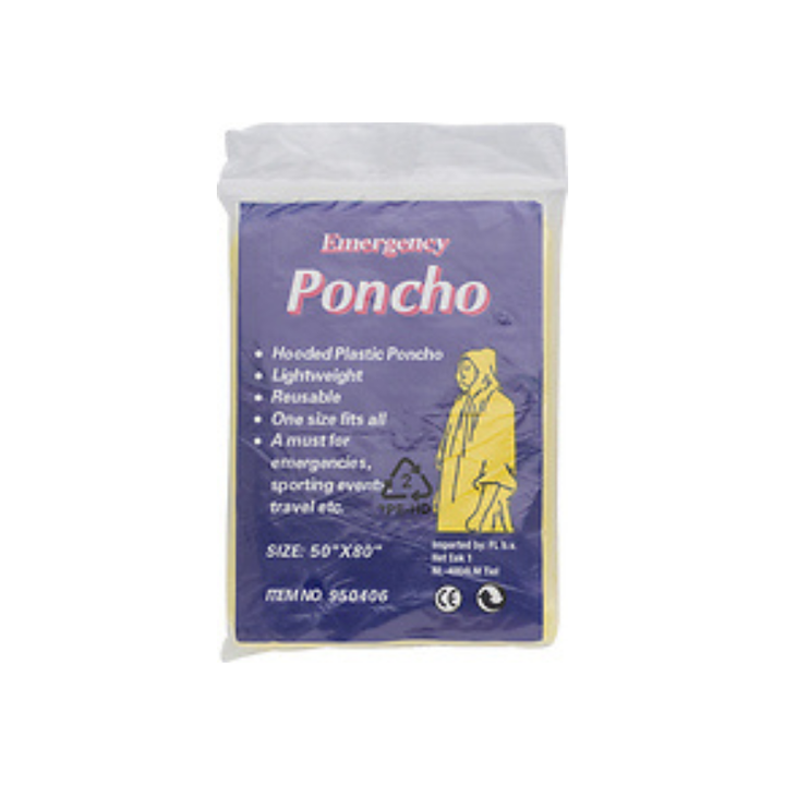 Verpackung eines weißen Einweg-Regenponchos mit Kapuze