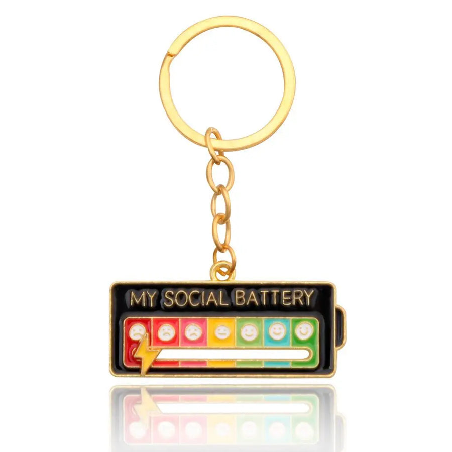 Schlüsselanhänger mit Batterieanzeige und Text My Social Battery in bunten Farben