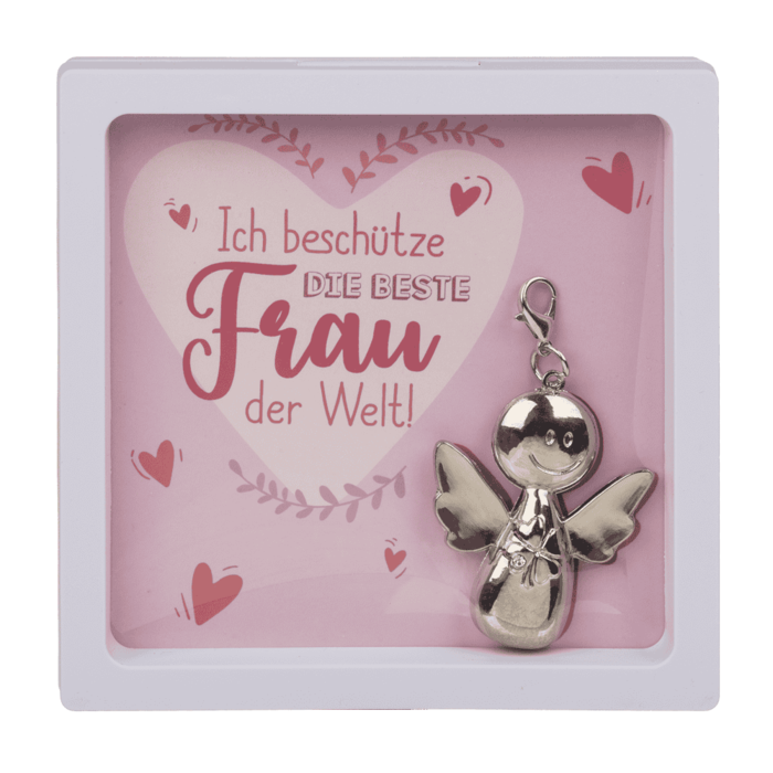 Schutzengel-Schlüsselanhänger aus Metall in weißer Geschenkbox mit rosa Karte und dem Spruch ‚Ich beschütze die beste Frau der Welt‘.