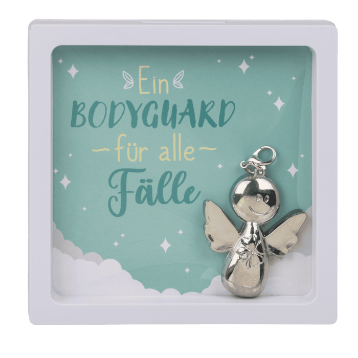 Schutzengel-Schlüsselanhänger aus Metall in weißer Geschenkbox mit mintfarbener Karte und dem Spruch ‚Ein Bodyguard für alle Fälle‘.