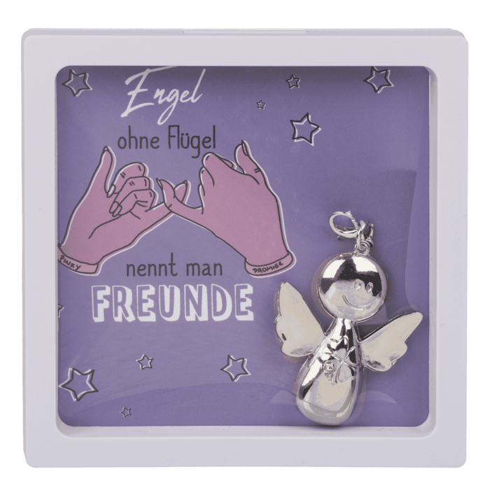 Schutzengel-Schlüsselanhänger aus Metall in weißer Geschenkbox mit lila Karte und dem Spruch ‚Engel ohne Flügel nennt man Freunde‘