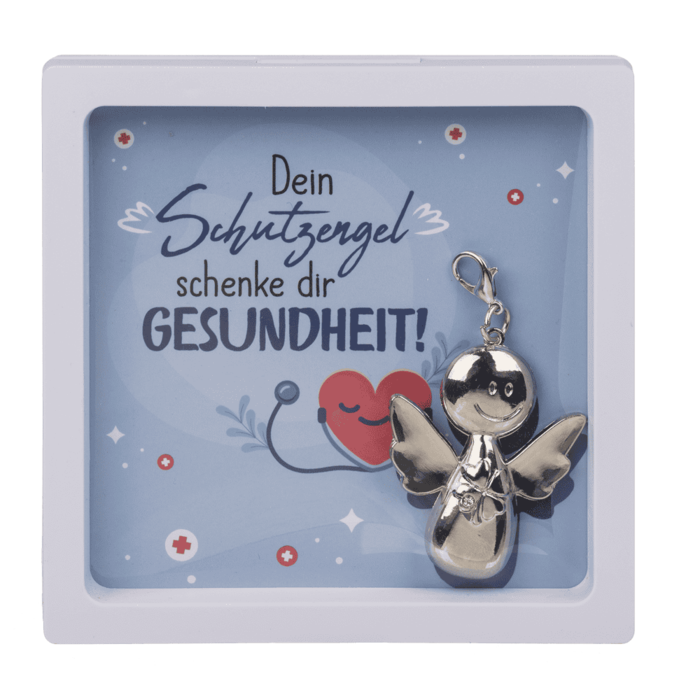 Schutzengel-Schlüsselanhänger aus Metall in weißer Geschenkbox mit blauer Karte und dem Spruch ‚Dein Schutzengel schenke dir Gesundheit‘.