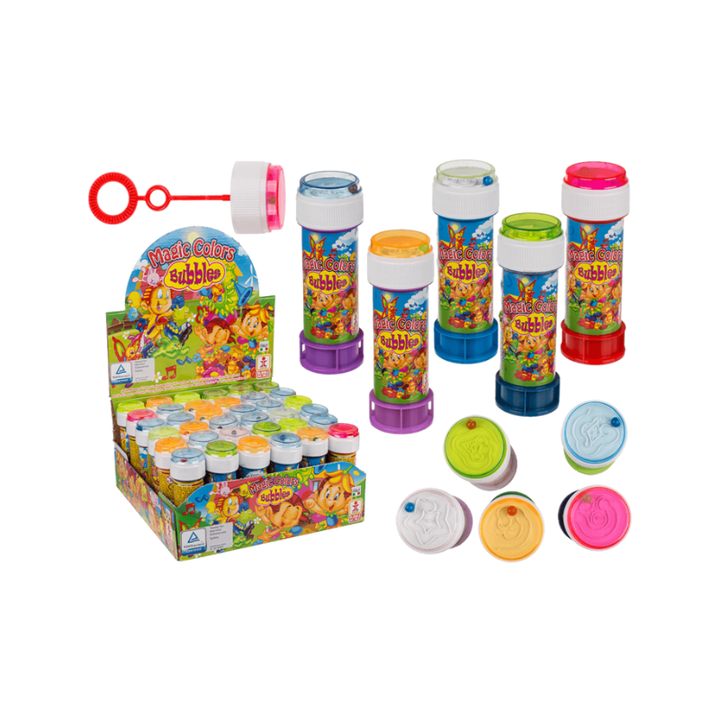 Seifenblasen 60 ml in Displaybox, assortierte Farben mit Geduldsspiel im Deckel