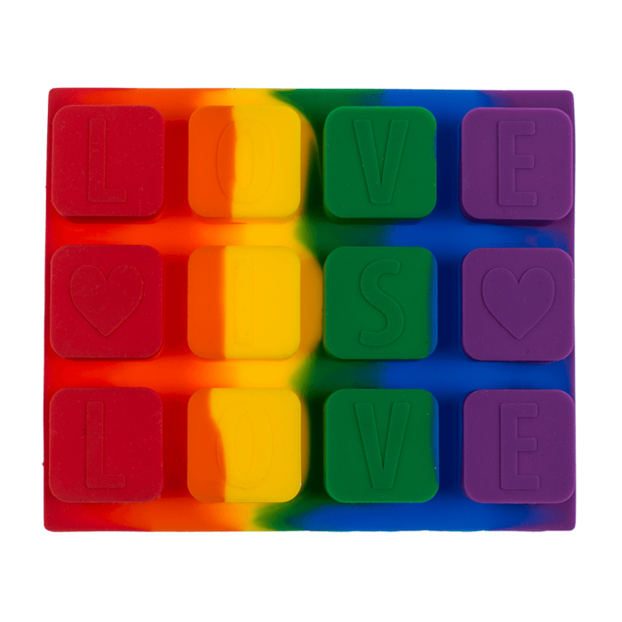 Regenbogenfarbene Silikon Eiswürfelform „Love is Love“ mit 12 Eiswürfelfächern in Pride-Farben