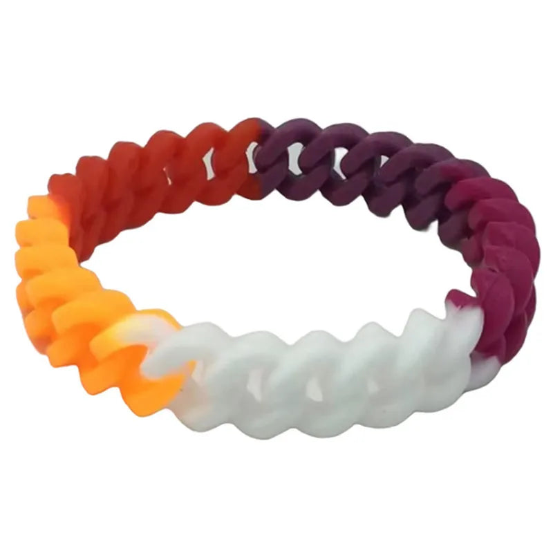 Silikonarmband mit Farbverlauf in Weiß, Orange, Rot und Violett, in Gliederkettenoptik – lesbisches Pride-Zubehör