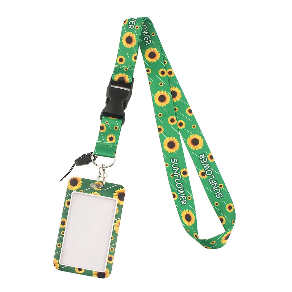 Grünes Sonnenblumen Lanyard mit Kartenhalter und Clip
