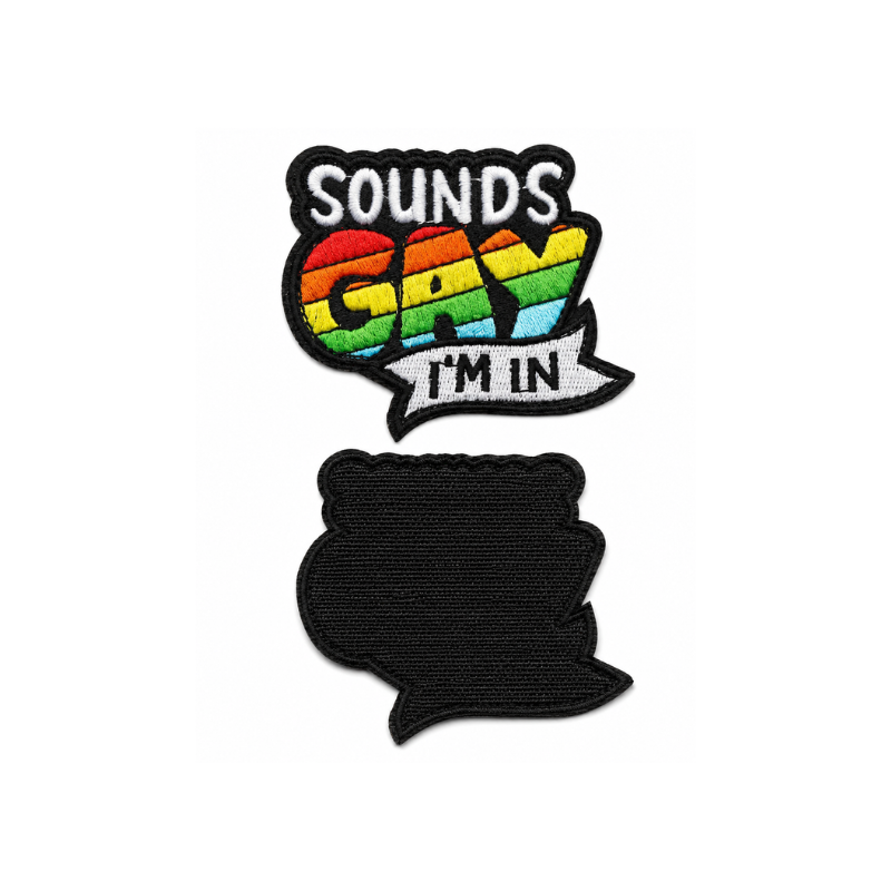 Rückseite des LGBTQIA+ Pride Patches Sounds Gay I’m In mit Klettverschluss und Regenbogen-Design