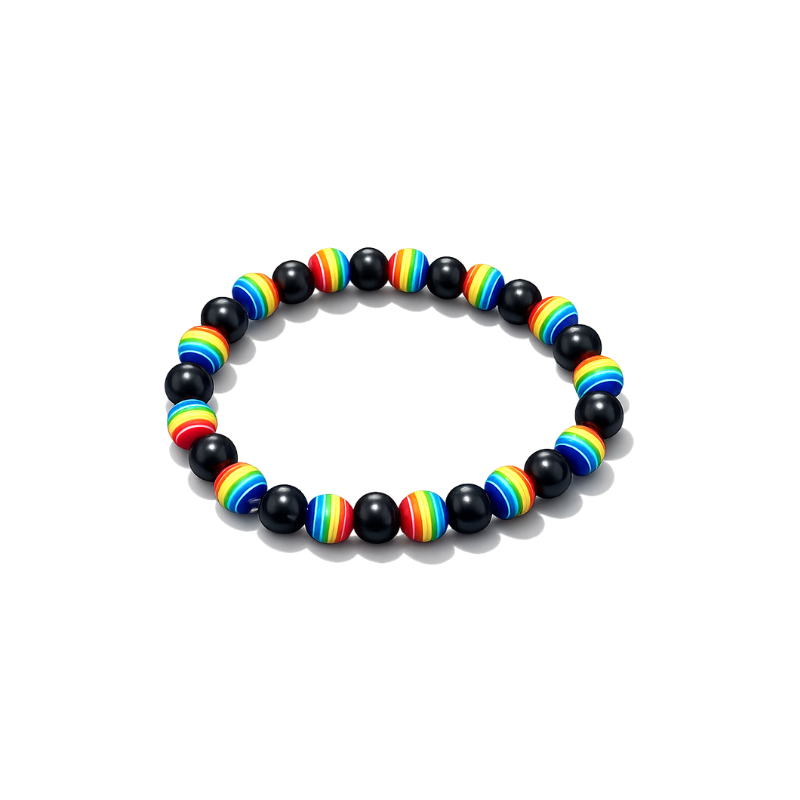 Schwarzes Steinarmband mit Regenbogen-Perlen