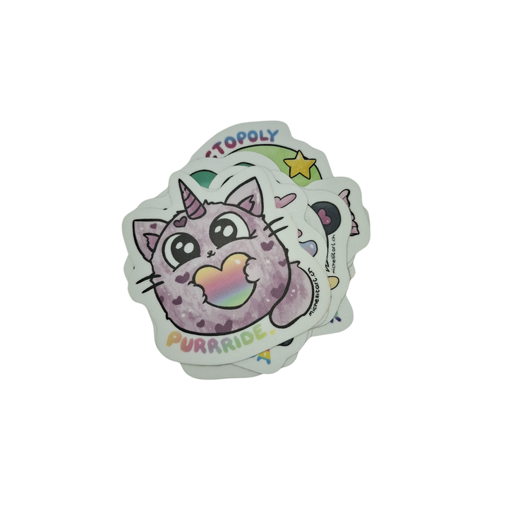 Sticker-Set mit 10 Kawaii-Pride-Tiermotiven, darunter Oktopus, Dino, Biene, Panda und Einhorn-Katze.