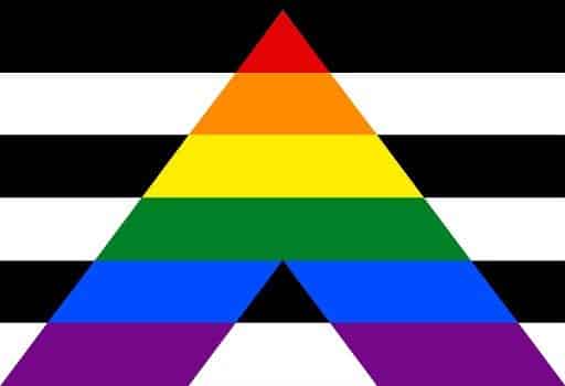 Straight Ally Pride Flagge mit Regenbogen-A auf schwarz-weißem Streifenmuster – Symbol für Solidarität mit der LGBTQ+ Community