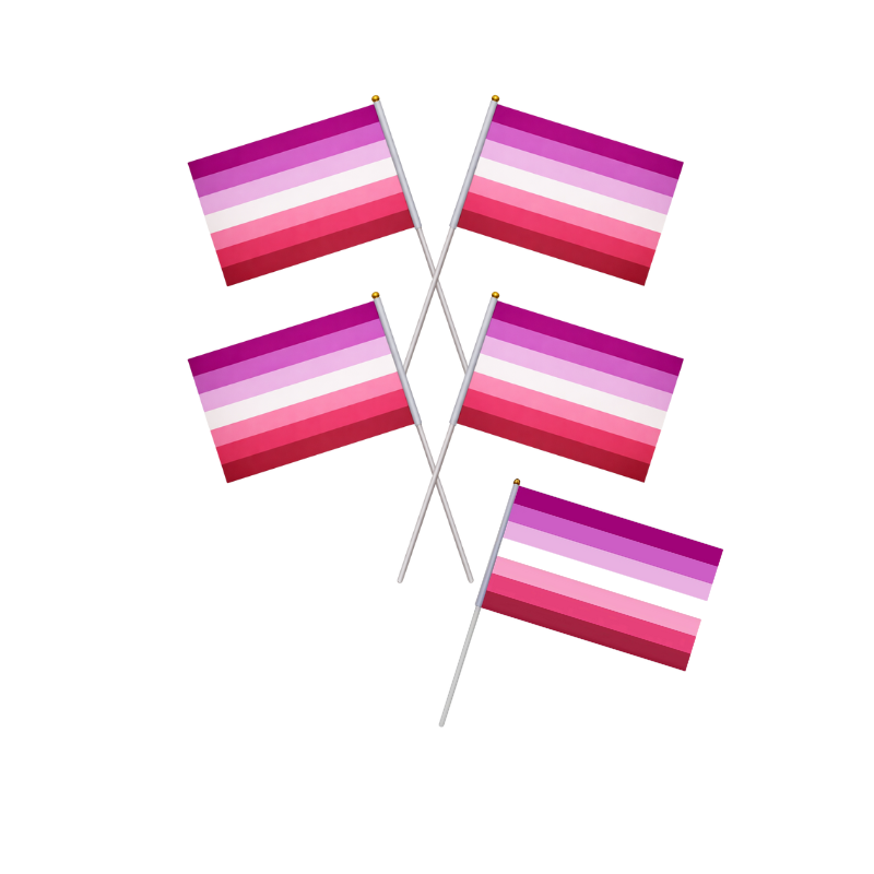 Fünf lesbische Pride Handflaggen im Sunset Lesbian Design mit rosa, pinken und violetten Streifen