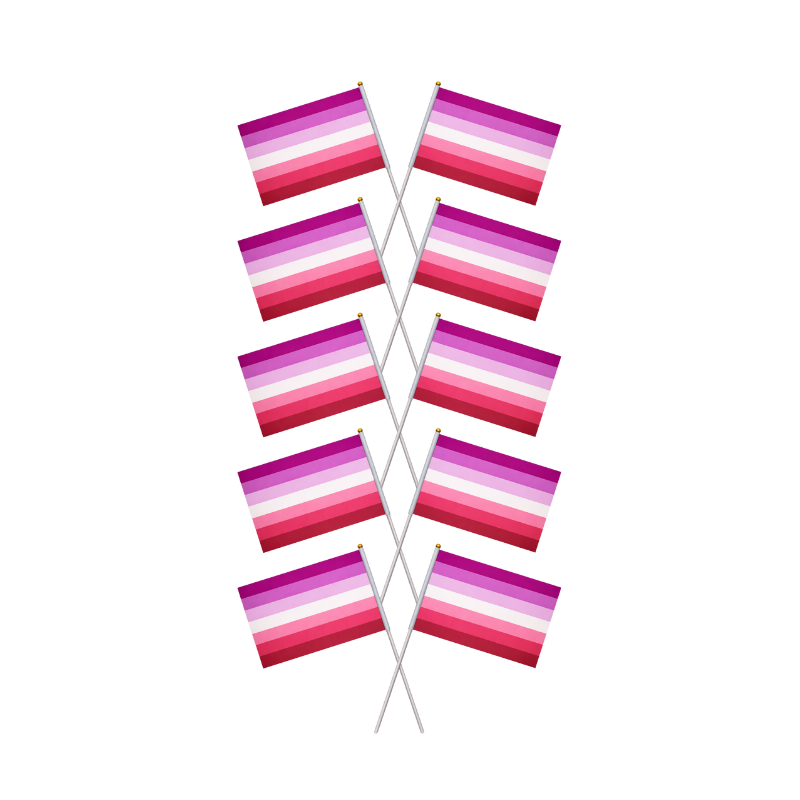 Zehn lesbische Pride Handflaggen im Sunset Lesbian Design, gekreuzt und vertikal angeordnet