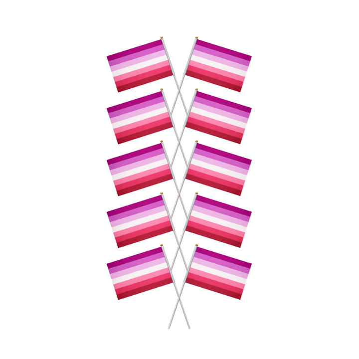 Zehn lesbische Pride Handflaggen im Sunset Lesbian Design, gekreuzt und vertikal angeordnet