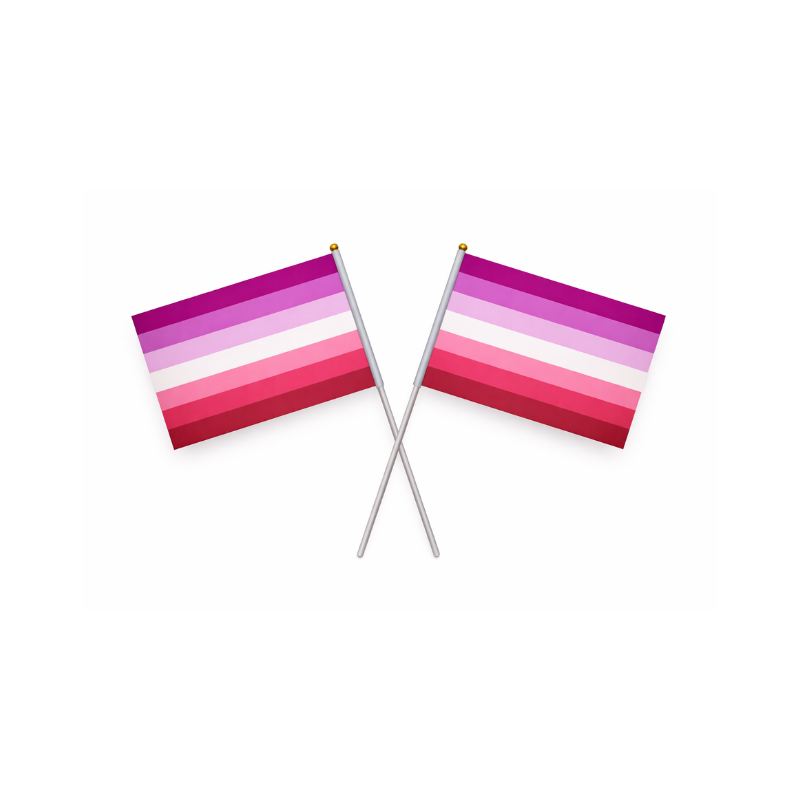 Zwei gekreuzte lesbische Pride Handflaggen im Sunset Lesbian Design mit rosa, pinken und violetten Streifen
