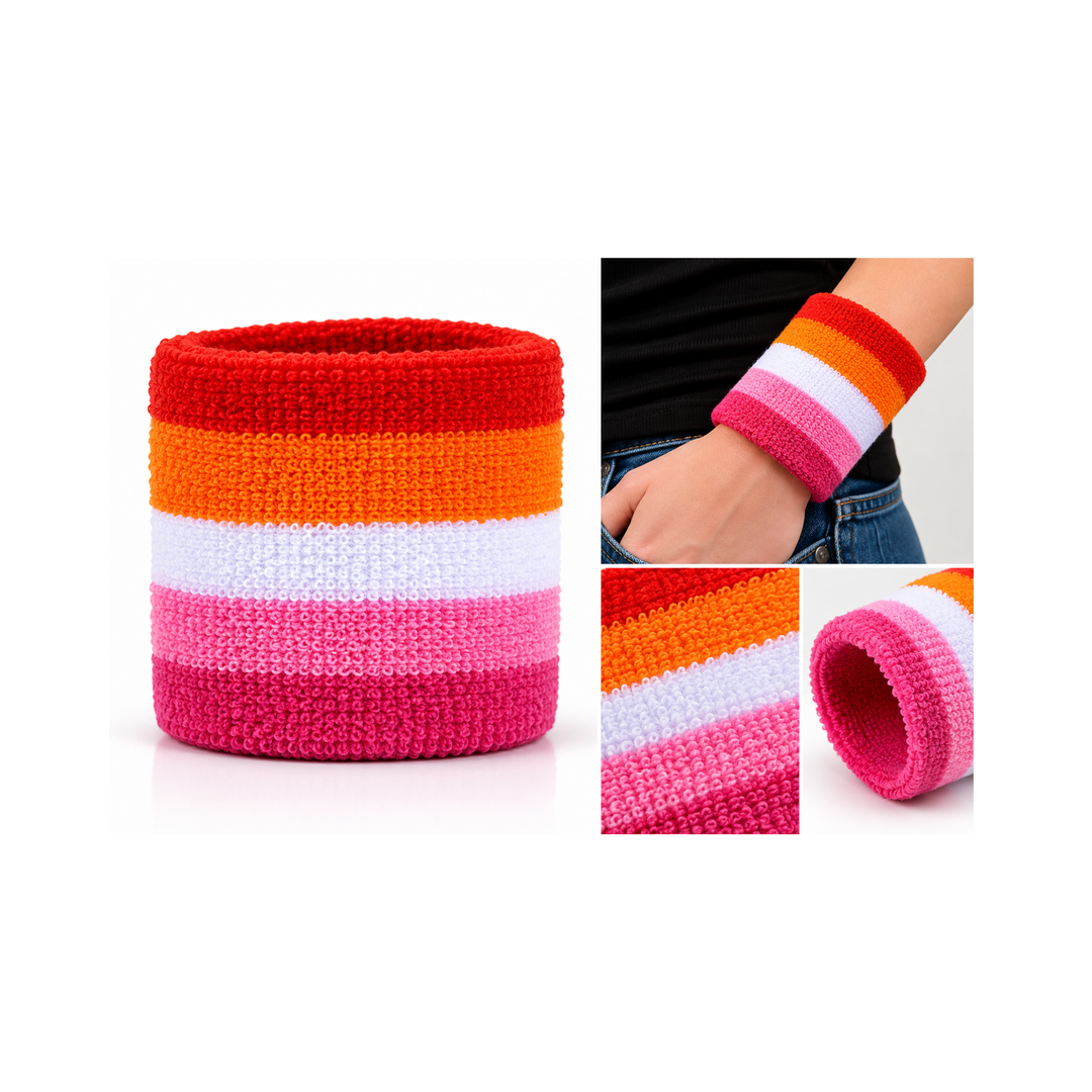 Sunset Lesbian Pride Frottee-Schweissband mit Produktansicht, Tragebeispiel am Handgelenk und Nahaufnahme der fünf farbigen Streifen