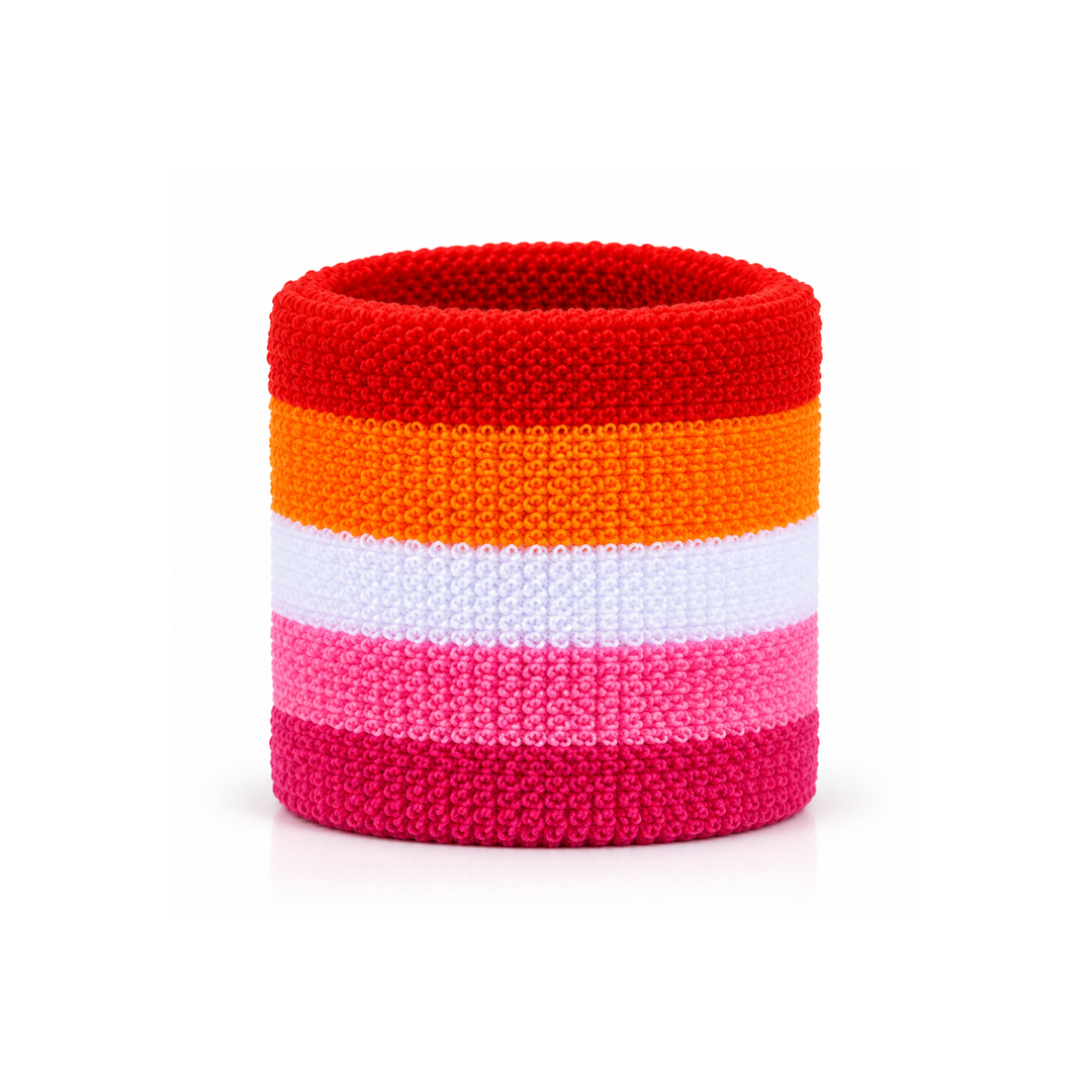 Sunset Lesbian Pride Schweissband aus Frottee mit fünf Streifen in Rot, Orange, Weiss, Rosa und Dunkelrosa auf weissem Hintergrund