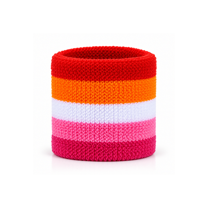 Sunset Lesbian Pride Schweissband aus Frottee mit fünf Streifen in Rot, Orange, Weiss, Rosa und Dunkelrosa auf weissem Hintergrund