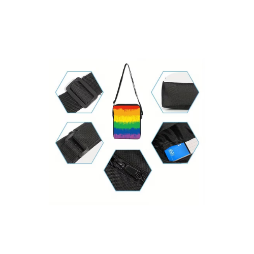 Darstellung der Regenbogen-Pride-Umhängetasche aus Polyester mit verstellbarem Schultergurt. 
Das zentrale Bild zeigt die Tasche frontal mit farbenfrohem Regenbogenmotiv. 
Rundherum sind Detailansichten des Gurts, der Nähte, des Reißverschlusses, der Seitenansicht und des Innenfachs angeordnet.