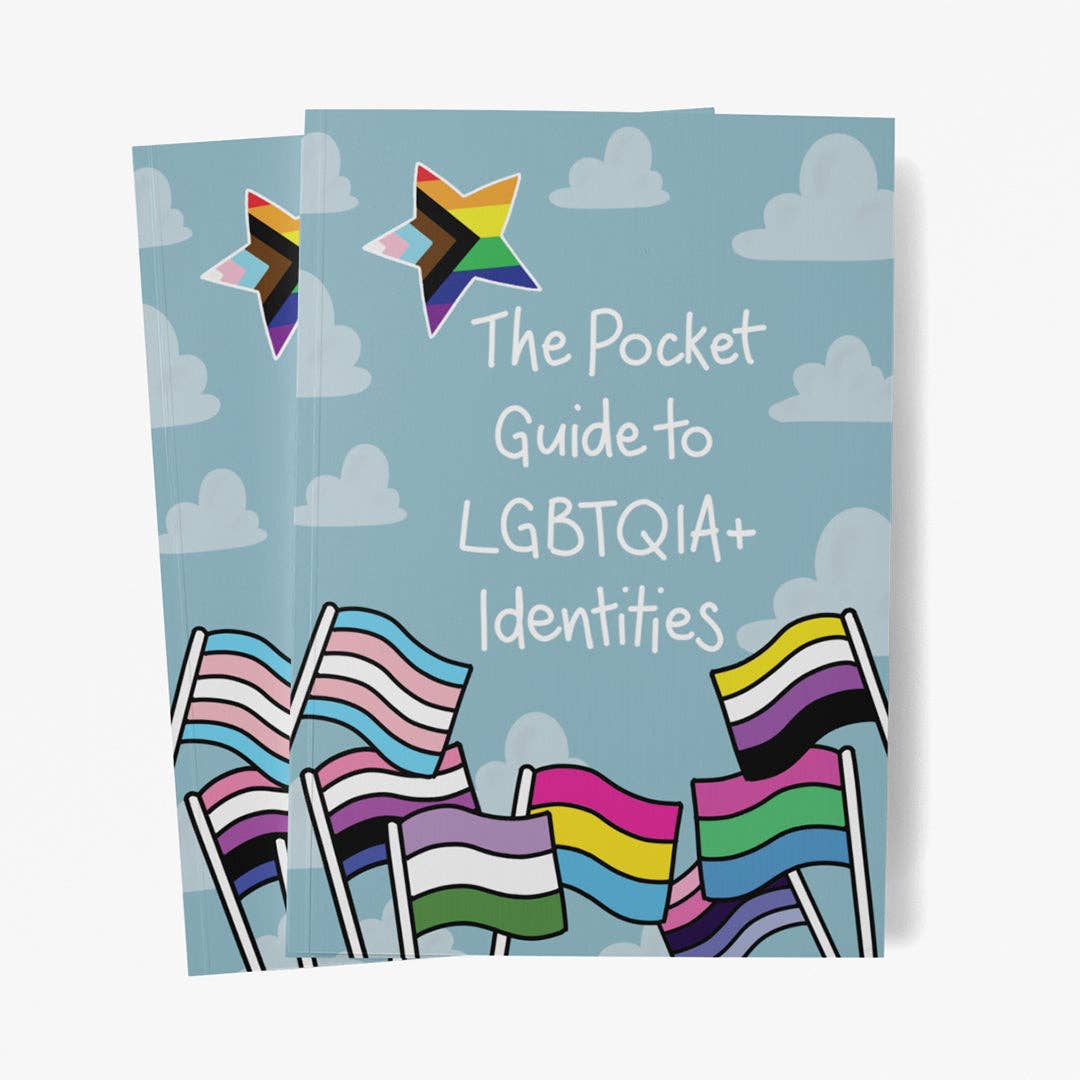 Titelseite von The Pocket Guide to LGBTQIA+ Identities mit verschiedenen Pride-Flaggen und Informationen zu LGBTQIA+ Identitäten.