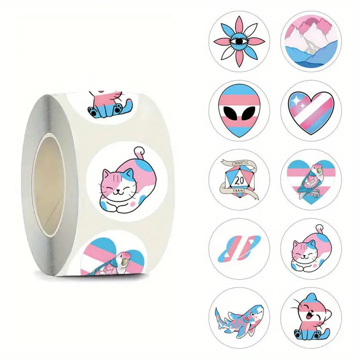 Trans Pride Aufkleberrolle mit LGBTQIA+ Stickern und verschiedenen Motiven