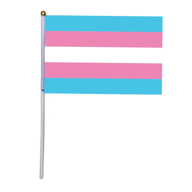 Trans Pride Handflagge mit den Farben der Transgender Flagge auf Stab, Format 14x21 cm